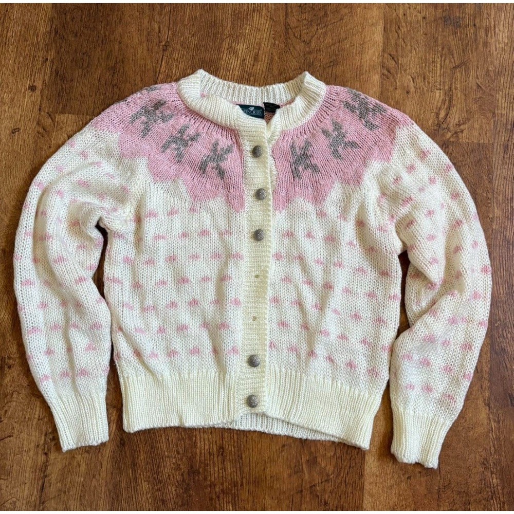 cream & pink Cabin Creek cardigan, acrylic & cotton winter vibe sweater